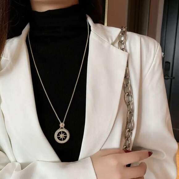 Gold Tone Compass Necklace with Rhinestones #1459 - Picture 6 of 16